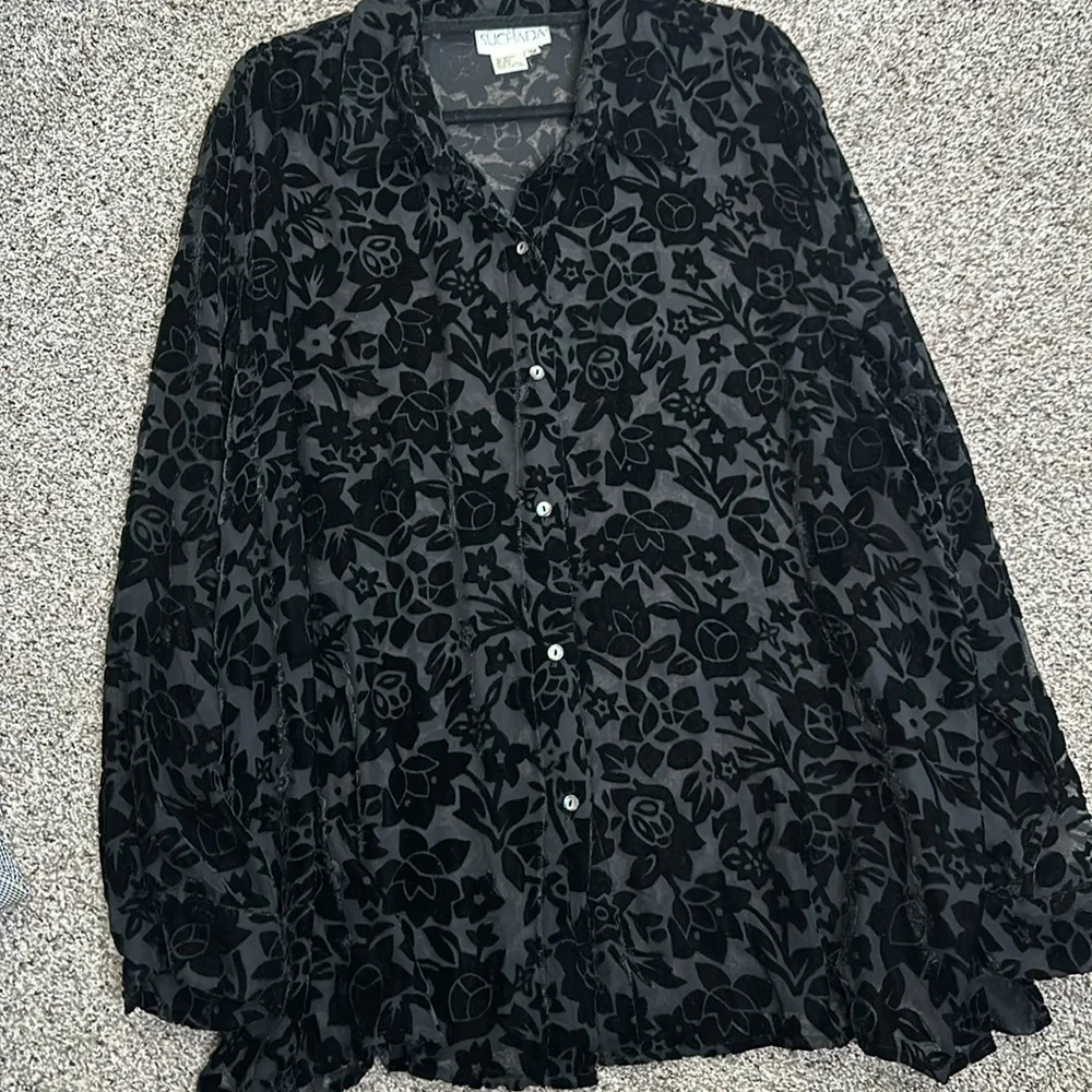 Suchada slik blend button up burnt velvet tunic blouse 3x whimsigoth,, gothic - Picture 7 of 9